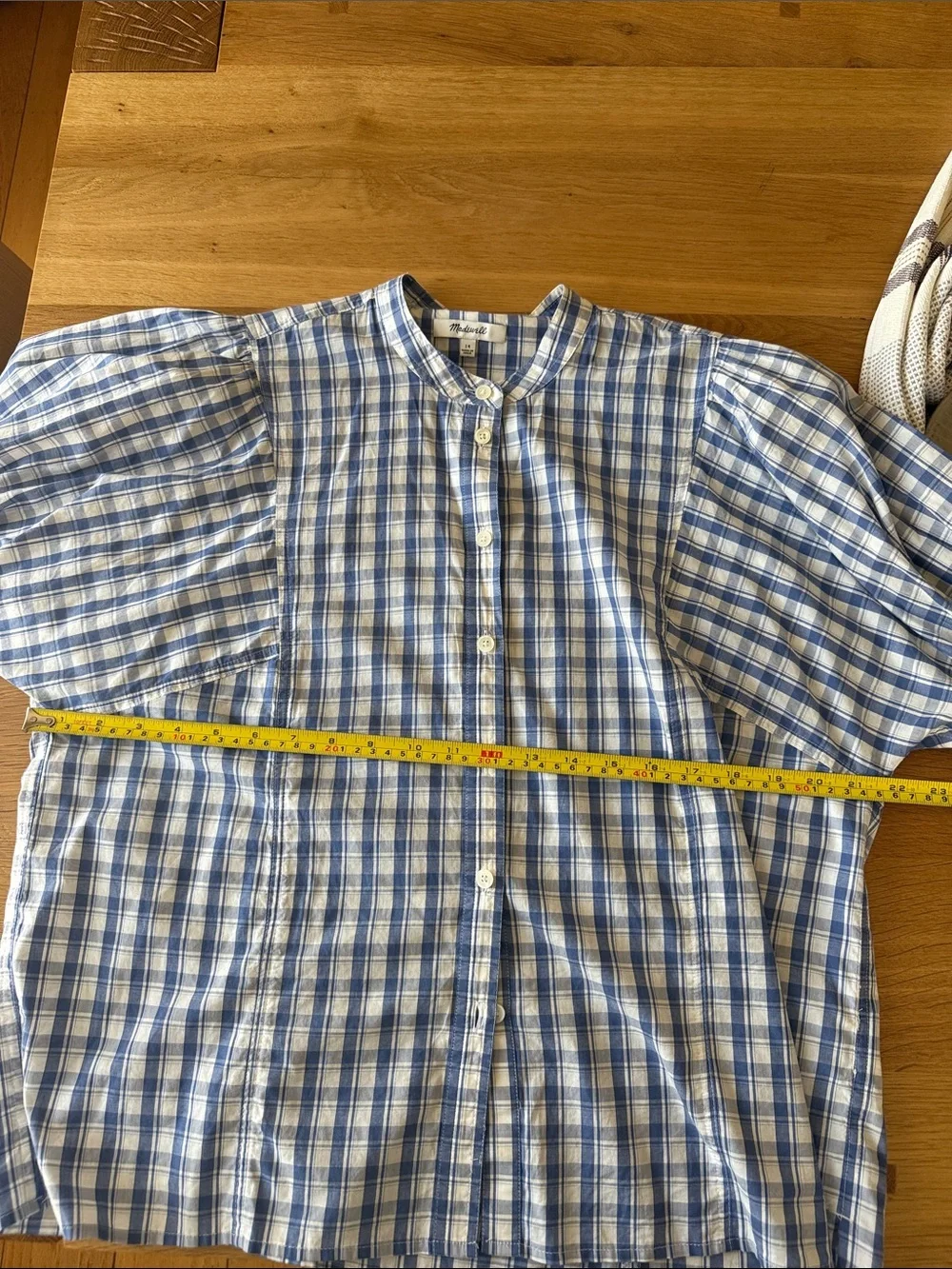 Madewell Blue and White Plaid Puff Sleeve Button-Front Top